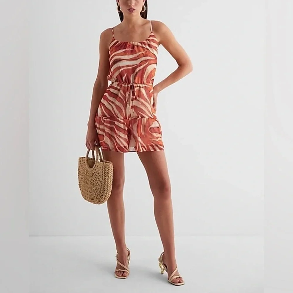 NWT Express  Scoop Neck Tie Waist Romper Small Abstract Art Animal Print Flowy